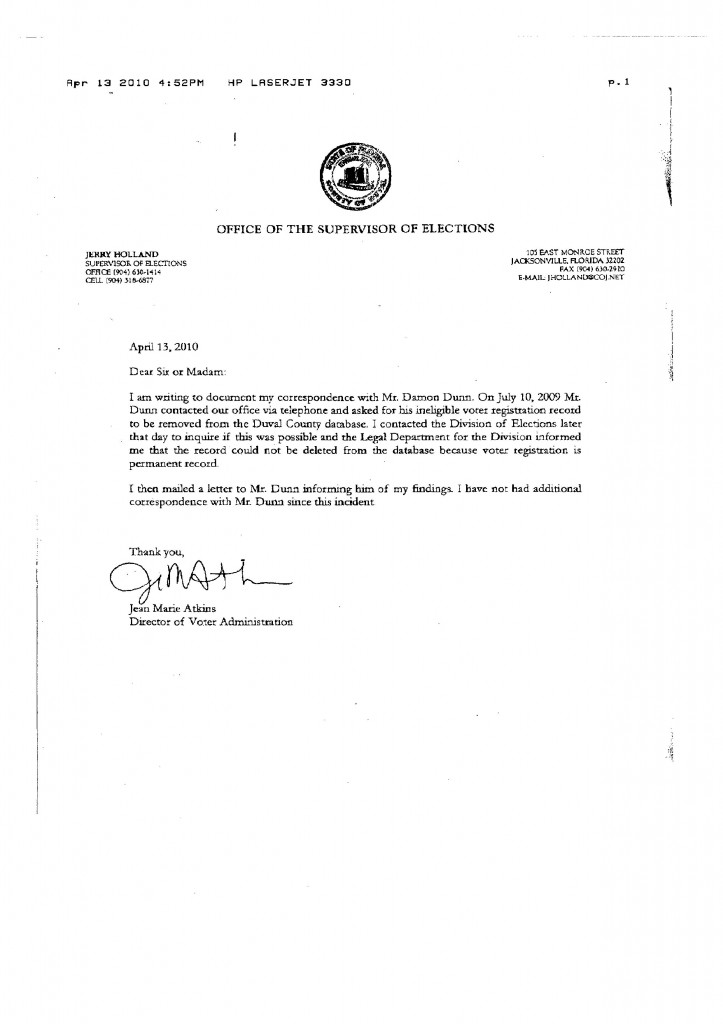 Dunn's Request to Delete Record
