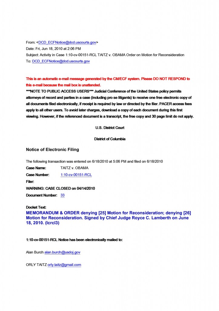 Order on Motion for Reconsideration in TAITZ v OBAMA 6-18-2010_0001 Order on Motion for Reconsideration in TAITZ v OBAMA 6-18-2010_0001