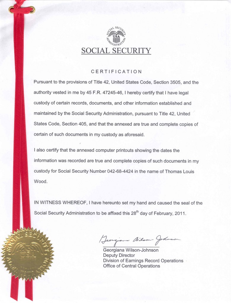 Thomas Wood certified application to SSN