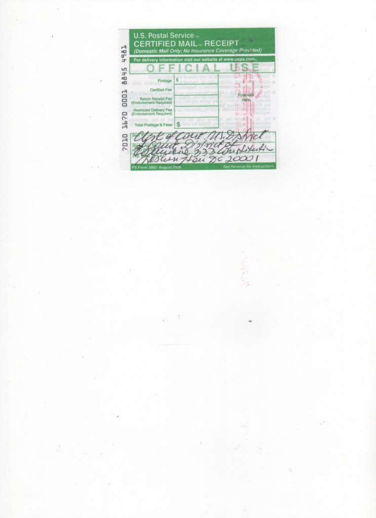 certified mail receipt 06.06. 2011 dc court