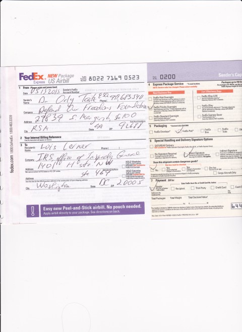 FedEx receipt letter to Lois Lerner IRS