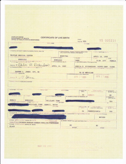 Birth certificate March 15, 2011
